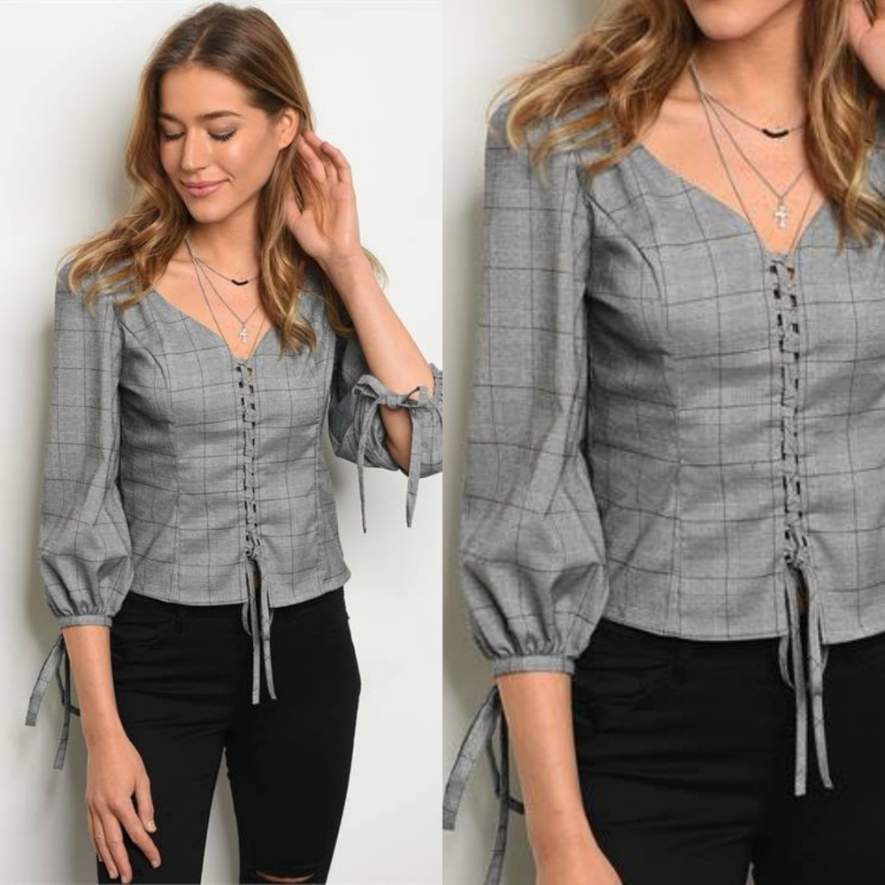 GRAY PLAID CORSET TIE SLEEVE TOP - Picture 4 of 4